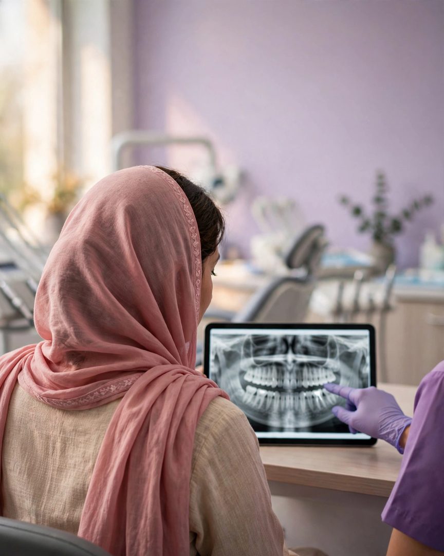 The dentist explaining an X-ray to a patient