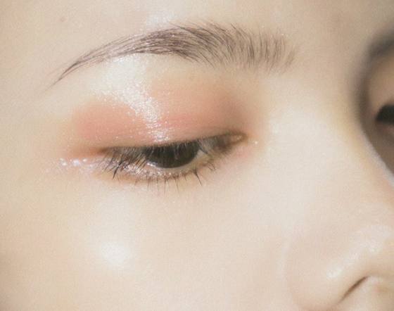 Close-up of a groomed brow and soft eye makeup