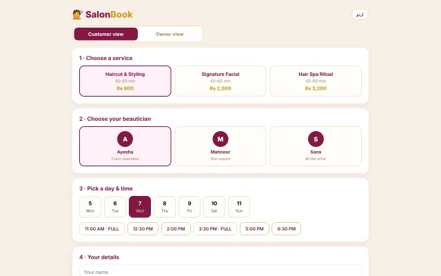 SalonBook demo screenshot